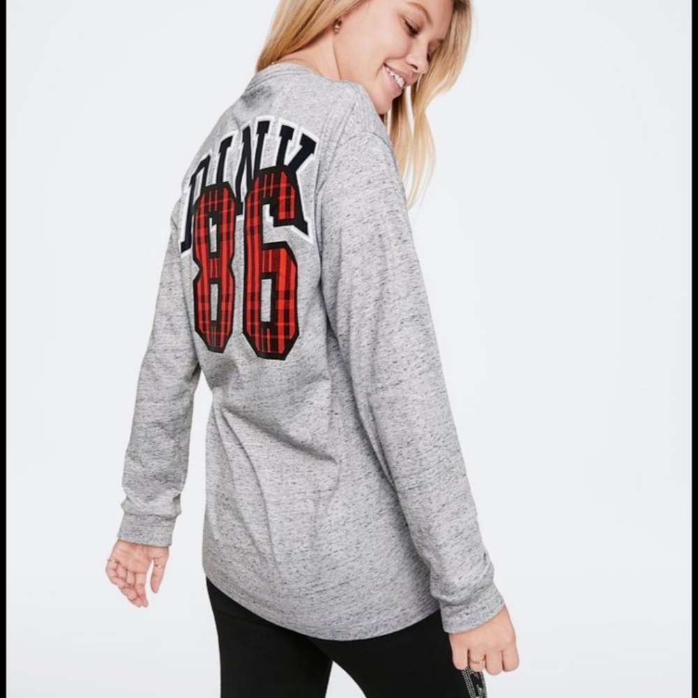 VS Pink Campus Crew Long Sleeve Gray Tee T-shirt  ** Medium ** EUC!!!